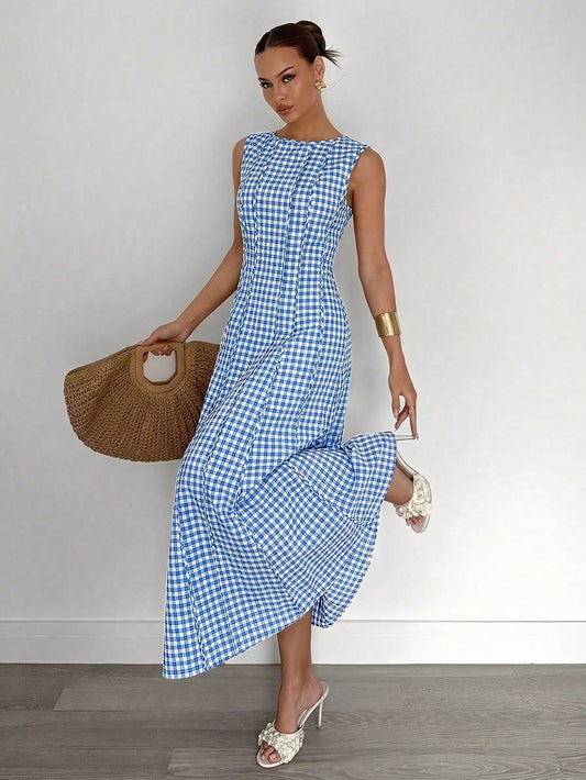 Azure Breeze Gingham Maxi Dress
